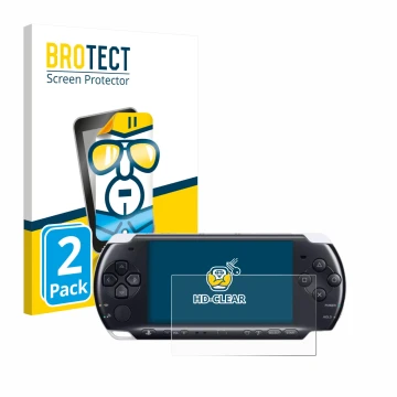 Front side of a product packaging with the brand logo BROTECT. Next to it is the device Sony PSP 3000 shown with the correspon