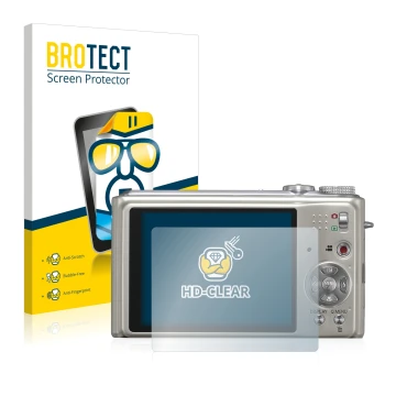 Front side of a product packaging with the brand logo BROTECT. Next to it is the device Panasonic Lumix DMC-TZ7 shown with the