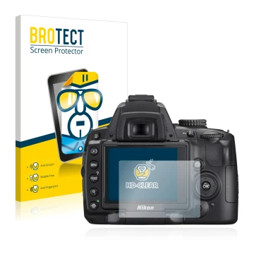 Front side of a product packaging with the brand logo BROTECT. Next to it is the device Nikon D5000 shown with the correspondi