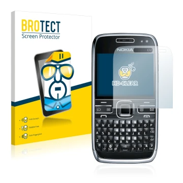 Front side of a product packaging with the brand logo BROTECT. Next to it is the device Nokia E72 shown with the corresponding