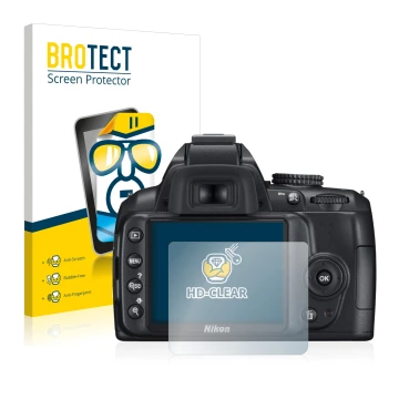 Front side of a product packaging with the brand logo BROTECT. Next to it is the device Nikon D3000 shown with the correspondi