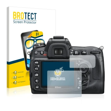 Front side of a product packaging with the brand logo BROTECT. Next to it is the device Nikon D300S shown with the correspondi