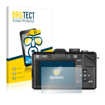 Front side of a product packaging with the brand logo BROTECT. Next to it is the device Panasonic Lumix DMC-GF1 shown with the