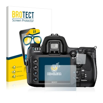 Front side of a product packaging with the brand logo BROTECT. Next to it is the device Sony Alpha 850 (DSLR-A850) shown with 