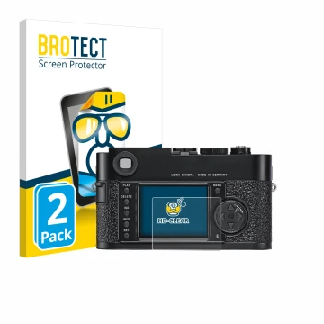 Front side of a product packaging with the brand logo BROTECT. Next to it is the device Leica M9 shown with the corresponding 