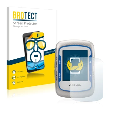 Front side of a product packaging with the brand logo BROTECT. Next to it is the device Garmin Edge 500 shown with the corresp