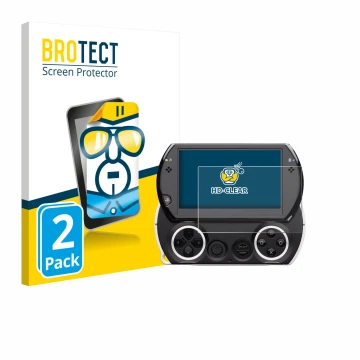 Front side of a product packaging with the brand logo BROTECT. Next to it is the device Sony PSP Go shown with the correspondi