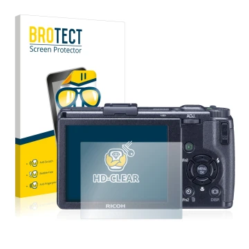 Front side of a product packaging with the brand logo BROTECT. Next to it is the device Ricoh GR Digital III (2009-2011) shown