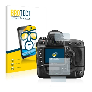 Front side of a product packaging with the brand logo BROTECT. Next to it is the device Nikon D3S shown with the corresponding
