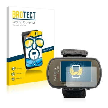 Front side of a product packaging with the brand logo BROTECT. Next to it is the device Garmin Foretrex 401 shown with the cor