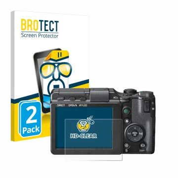 Front side of a product packaging with the brand logo BROTECT. Next to it is the device Ricoh GXR shown with the corresponding