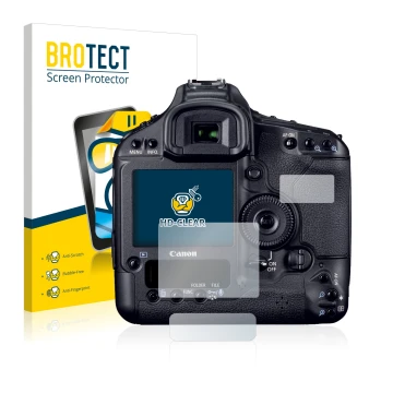 Front side of a product packaging with the brand logo BROTECT. Next to it is the device Canon EOS 1D Mark IV shown with the co