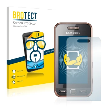 Front side of a product packaging with the brand logo BROTECT. Next to it is the device Samsung GT-S5230 shown with the corres