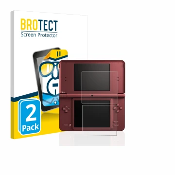 Front side of a product packaging with the brand logo BROTECT. Next to it is the device Nintendo DSi XL shown with the corresp