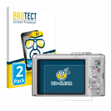 Front side of a product packaging with the brand logo BROTECT. Next to it is the device Panasonic Lumix DMC-TZ10 shown with th