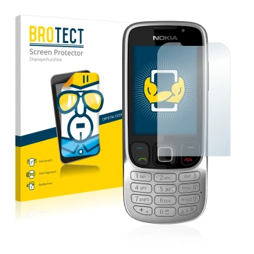 Front side of a product packaging with the brand logo BROTECT. Next to it is the device Nokia 6303i classic shown with the cor