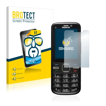 Front side of a product packaging with the brand logo BROTECT. Next to it is the device Nokia C5-00 shown with the correspondi