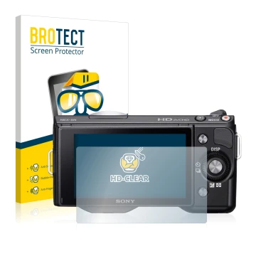 Front side of a product packaging with the brand logo BROTECT. Next to it is the device Sony Alpha NEX-5 shown with the corres