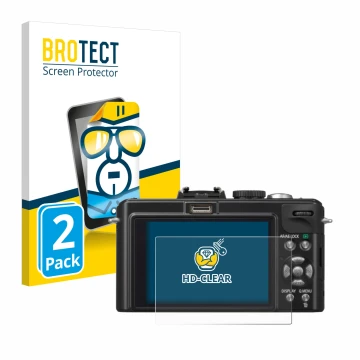 Front side of a product packaging with the brand logo BROTECT. Next to it is the device Panasonic Lumix DMC-LX5 shown with the