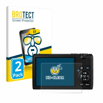 Front side of a product packaging with the brand logo BROTECT. Next to it is the device Canon PowerShot S95 shown with the cor