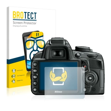 Front side of a product packaging with the brand logo BROTECT. Next to it is the device Nikon D3100 shown with the correspondi