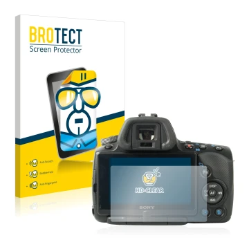 Front side of a product packaging with the brand logo BROTECT. Next to it is the device Sony Alpha 55 (SLT-A55V) shown with th
