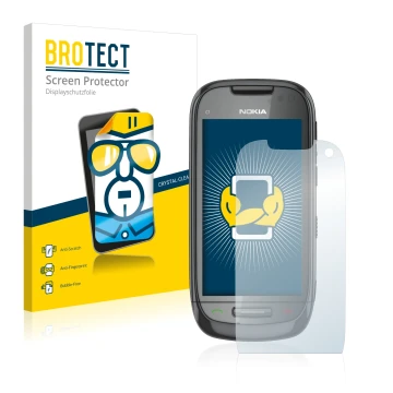 Front side of a product packaging with the brand logo BROTECT. Next to it is the device Nokia C7-00 shown with the correspondi