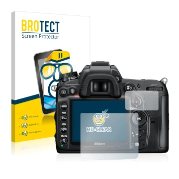 Front side of a product packaging with the brand logo BROTECT. Next to it is the device Nikon D7000 shown with the correspondi