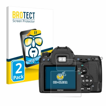 Front side of a product packaging with the brand logo BROTECT. Next to it is the device Pentax K5, K-5 shown with the correspo