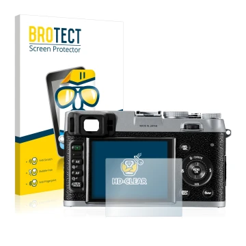 Front side of a product packaging with the brand logo BROTECT. Next to it is the device Fujifilm FinePix X100 shown with the c