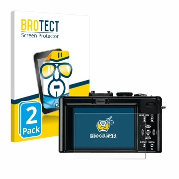 Front side of a product packaging with the brand logo BROTECT. Next to it is the device Leica D-Lux 5 shown with the correspon