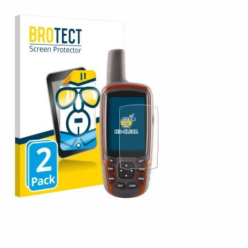 Front side of a product packaging with the brand logo BROTECT. Next to it is the device Garmin GPSMAP 62s shown with the corre