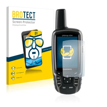 Front side of a product packaging with the brand logo BROTECT. Next to it is the device Garmin GPSMAP 62st shown with the corr