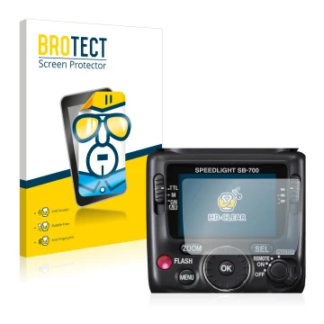 Front side of a product packaging with the brand logo BROTECT. Next to it is the device Nikon SB-700 shown with the correspond