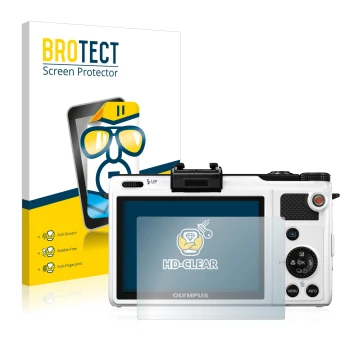 Front side of a product packaging with the brand logo BROTECT. Next to it is the device Olympus XZ-1 shown with the correspond