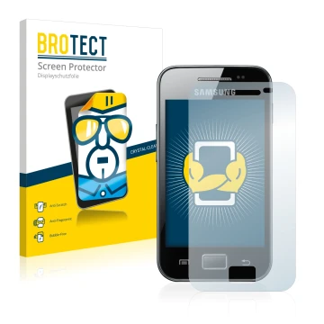 Front side of a product packaging with the brand logo BROTECT. Next to it is the device Samsung Galaxy Ace S5830 shown with th