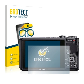 Front side of a product packaging with the brand logo BROTECT. Next to it is the device Sony Cyber-Shot DSC-HX9V shown with th
