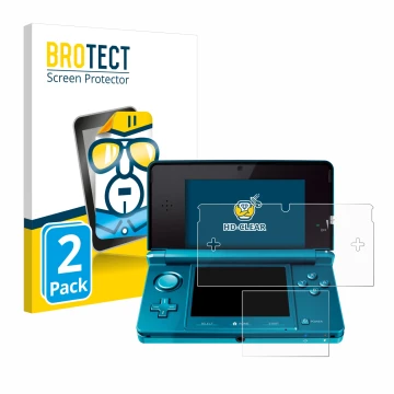 Front side of a product packaging with the brand logo BROTECT. Next to it is the device Nintendo 3DS shown with the correspond