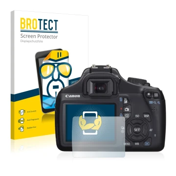 Front side of a product packaging with the brand logo BROTECT. Next to it is the device Canon EOS 1100D shown with the corresp