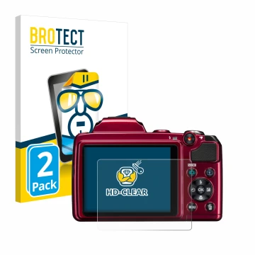 Front side of a product packaging with the brand logo BROTECT. Next to it is the device Nikon Coolpix L120 shown with the corr