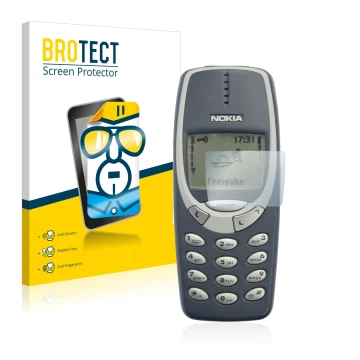 Front side of a product packaging with the brand logo BROTECT. Next to it is the device Nokia 3310 2011 shown with the corresp