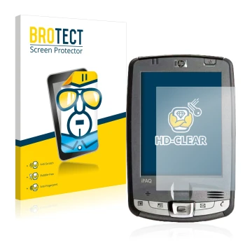 Front side of a product packaging with the brand logo BROTECT. Next to it is the device HP iPAQ hx2110 shown with the correspo