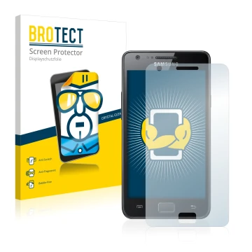 Front side of a product packaging with the brand logo BROTECT. Next to it is the device Samsung Galaxy S2 shown with the corre