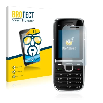 Front side of a product packaging with the brand logo BROTECT. Next to it is the device Nokia C2-01 shown with the correspondi