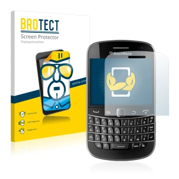 Front side of a product packaging with the brand logo BROTECT. Next to it is the device RIM BlackBerry Bold Touch 9900 shown w