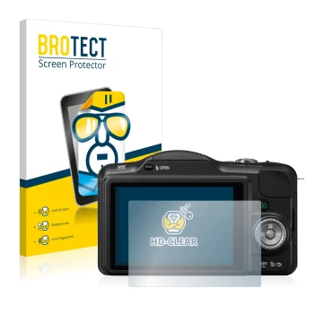 Front side of a product packaging with the brand logo BROTECT. Next to it is the device Panasonic Lumix DMC-GF3 shown with the