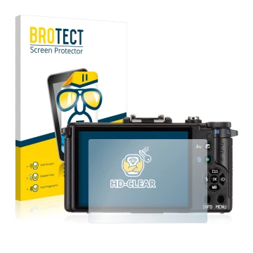 Front side of a product packaging with the brand logo BROTECT. Next to it is the device Pentax Q shown with the corresponding 