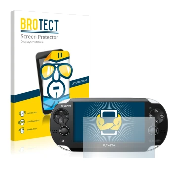 Front side of a product packaging with the brand logo BROTECT. Next to it is the device Sony Playstation Vita shown with the c