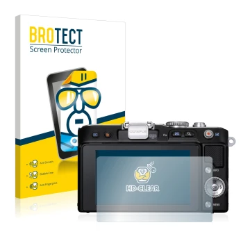 Front side of a product packaging with the brand logo BROTECT. Next to it is the device Olympus PEN E-PL3 shown with the corre