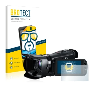 Front side of a product packaging with the brand logo BROTECT. Next to it is the device Canon Legria HF G10 shown with the cor